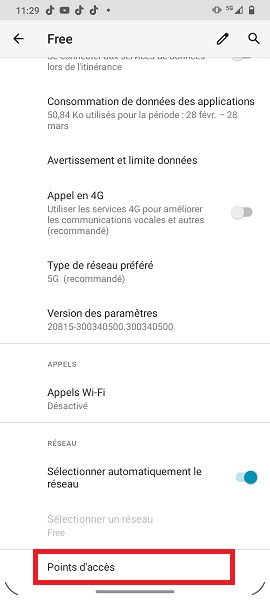 Configuration d’un point d’accès Internet (APN)